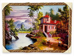 Quadro Decorativo Imagem Casa  Lago Fazenda Paisagem 50x70cm