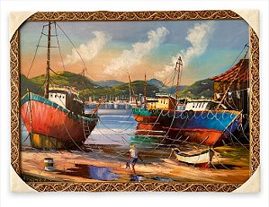 Quadro Decorativo Barcos de Pesca Praia Mar Pescador 50x70cm