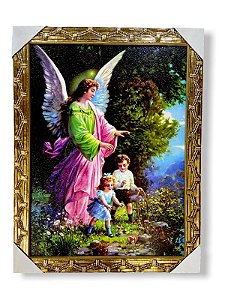 Quadro Anjo Da Guarda Infantil Com Moldura Resinado 30x40cm