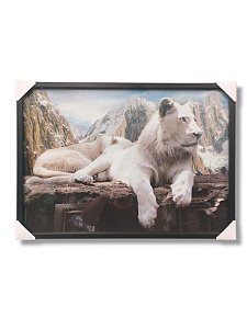 Quadro Decorativo Leão Branco Caixa Alta Com Vidro 50x70cm