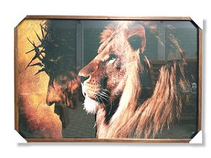 Quadro Decorativo Leão Judá e Jesus  65x95 Caixa Alta Com Vidro