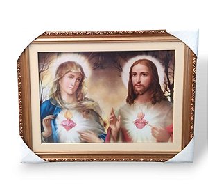 Quadro Sagrado Coracao De Jesus e Maria Decorativo 35x45 Luxo c/Vidro