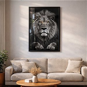 Quadro Decorativo Leão Majestoso Preto e Branco com Olhos Dourados – Arte Moderna para Sala e Escritório