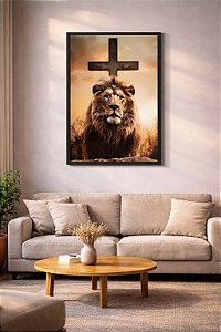 Quadro Decorativo Leão e Cruz – Arte Espiritual de Força e Fé para Decoração