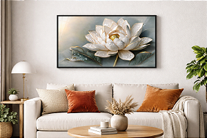 Quadro Flor de Lótus Branca com Detalhes Dourados – Arte Decorativa Elegante