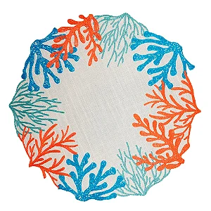 Jogo Americano Redondo Coralli Branco com Bordado Coral e Azul - 40cm Auguri Casa