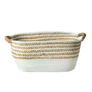 Cesto de Fibra Natural e Algodão com Alça Branco - 46cm x 28cm x 20cm