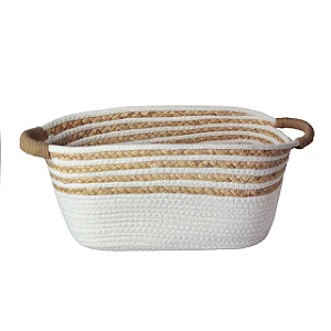 Cesto de Fibra Natural e Algodão com Alça Branco - 43cm x 25cm x 18cm