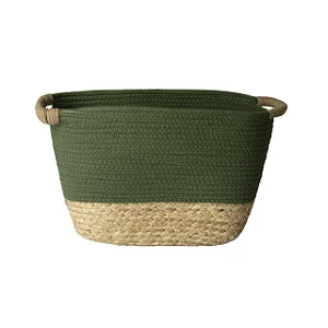 Cesto de Fibra natural e Algodão com Alça Verde Esmeralda - 42cm x 25cm x 24cm
