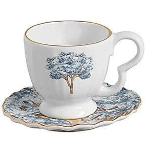 Conjunto com 6 Xicaras de Chá com Pires Ypê Azul com Filete Ouro