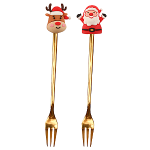 Conjunto com 2 Garfos Papai Noel e Rena Dourado Natal - 16cm