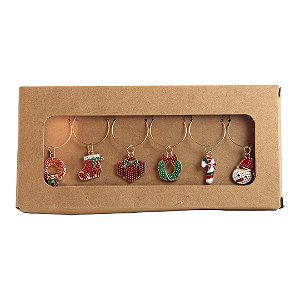 Conjunto com 6 Marcadores de Taças com Figuras de Natal - 1,8cm x 5,3cm