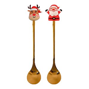 Conjunto com 2 Colheres Papai Noel e Rena Dourado Natal - 16cm