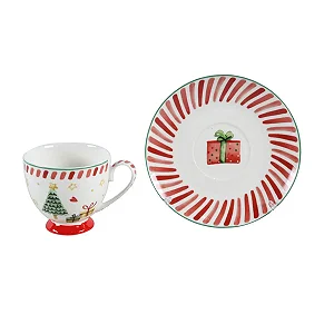 Conjunto de Xícaras e Pires Natalinos em Cerâmica Branca e Vermelha Natal - 8 Peças
