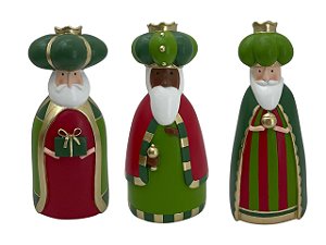 Conjunto com 3 Reis Magos decorativos em Resina Verde e Vermelho Natal - 21cm