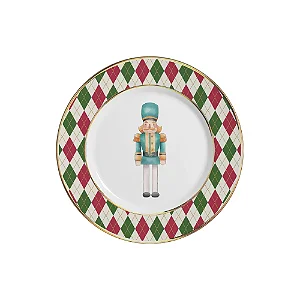 Conjunto com 6 Pratos de Sobremesa Soldadinhos Azul Filete Ouro Natal - 21cm