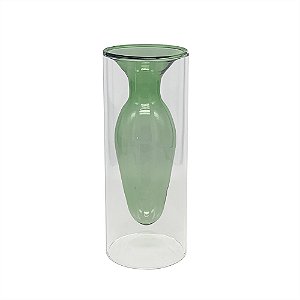 Vaso de Vidro Duplo Transparente e Verde - 20cm