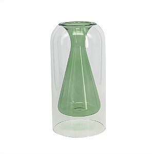 Vaso de Vidro Duplo Transparente e Verde - 17cm