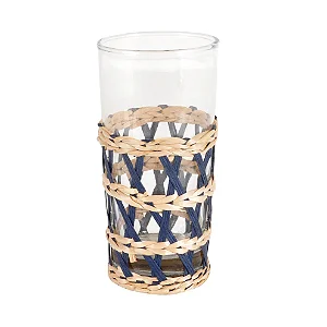 Conjunto com 6 Copos em Vidro e Rattan Bege e Azul15cm - 400ml