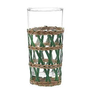 Conjunto com 6 Copos em Vidro e Rattan Bege e Verde 15cm - 400ml