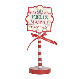 Placa Decorativa Madeira com Led Feliz Natal Vermelho / Branco - 25cm