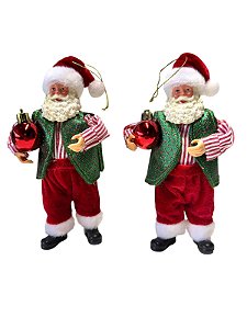 Conjunto com 2 Papais Noéis Decorativos Vermelho e Verde Natal - 19cm x 6cm