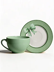 Conjunto com 6 Xícaras de Chá com Pires Laços de Páscoa Verde - 200ml