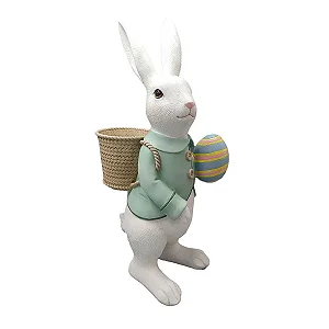 Coelho Decorativo em Resina com Cesto Branco e Azul Páscoa - 42cm
