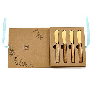 Kit com 4 Espátulas em Inox com Cabo em Madeira Dourado
