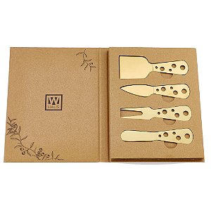 Kit com 4 Espátulas para Queijo em Inox com Cabo em Madeira Dourado