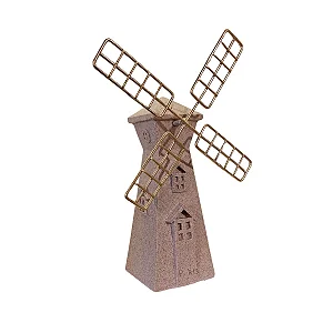 Moinho de Vento Decorativo em Resina Bege com Detalhes Dourados - 24cm