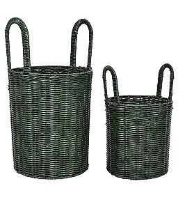 Conjunto com 2 Cestos em Rattan Sintético Alça Longa - Verde