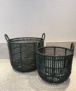 Conjunto com 2 Cestos em Rattan Sintético Redondo Alto - Verde