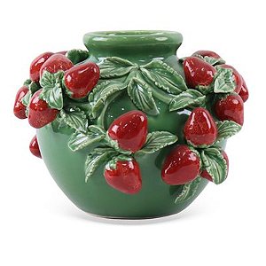 Vaso Decorativo em Cerâmica Verde com Morangos em Relevo - 25cm x 18cm