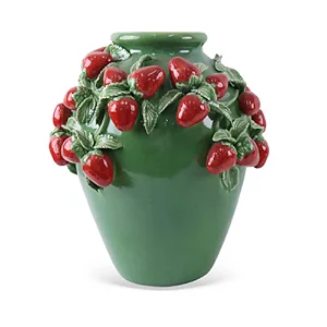 Vaso Decorativo em Cerâmica Verde com Morangos em Relevo - 38,5cm