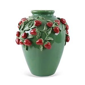 Vaso Decorativo em Cerâmica Verde com Morangos em Relevo - 47cm