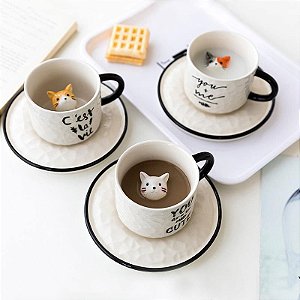 Caneca Cerâmica 220ml Com Gato 3d Xícara Café Leite Chá Com Pires