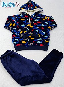 Conjunto em Mantinha Fleece Dino com Capuz forrado