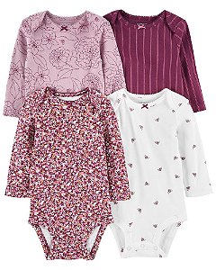 Kit Body Manga Longa Roxo Flores e Abelha