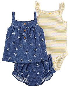 Conjunto 3 peças Batinha e Tapa-Fralda Azul com Estampa e Body Listrado