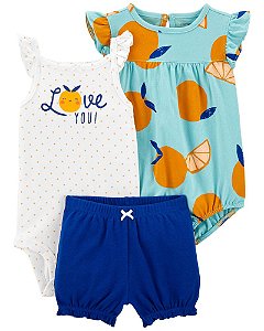 Conjunto 3 peças com 2 Bodies Love You e Laranjas e Shorts Azul