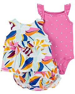 Conjunto 3 peças Batinha e Tapa Fralda Floral e Body Rosa de Poá