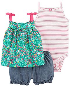 Conjunto 3 peças Batinha Florida Verde, Body listrado e Shorts Chambray