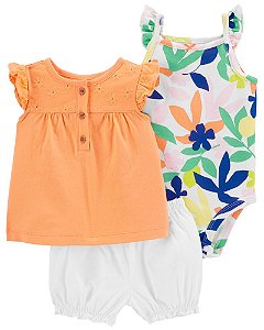 Conjunto 3 peças Batinha Laranja, Body Floral e Shorts Branco