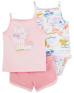 Conjunto 3 peças Regatinha Rosa, Body Coqueiros e Shorts Rosa