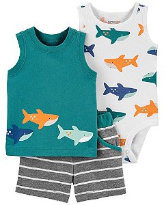Conjunto 3 peças Body, Camiseta e Shorts Baleias