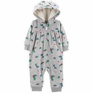 Macacão Fleece Florzinhas com Capuz de Zíper sem Pé