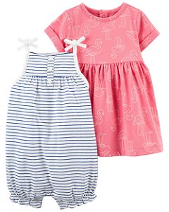 Kit Vestido Rosa Flamingo e Macaquinho Listrado