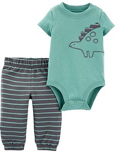 Body Verde Dinossauro e Calça Moletom Listrada