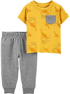 Camiseta Amarela Dino e Calça Moletom Cinza